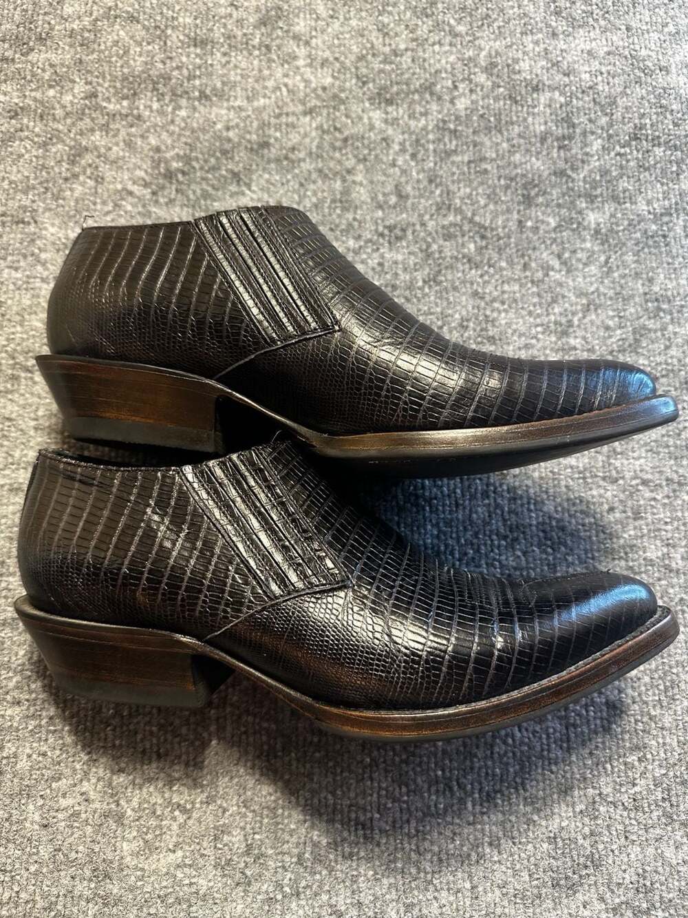 Black Embossed Leather Western Rocker Ankle Booties Pointed Toe Croc EU 38 US 8